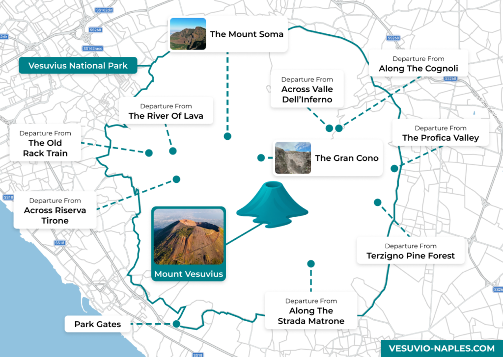 Map of Mount Vesuvius hiking routes, showing departure points and attractions.